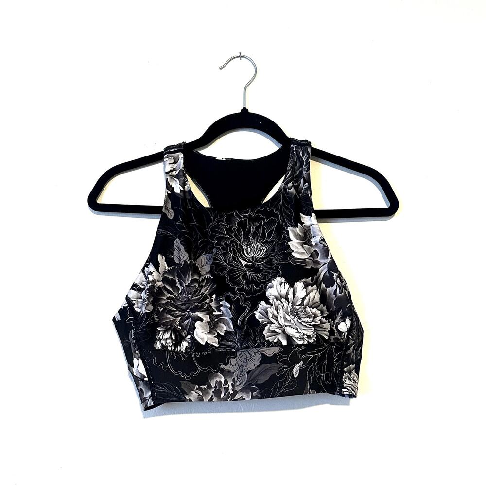 Zella black and white floral high neck racerback sports bra M